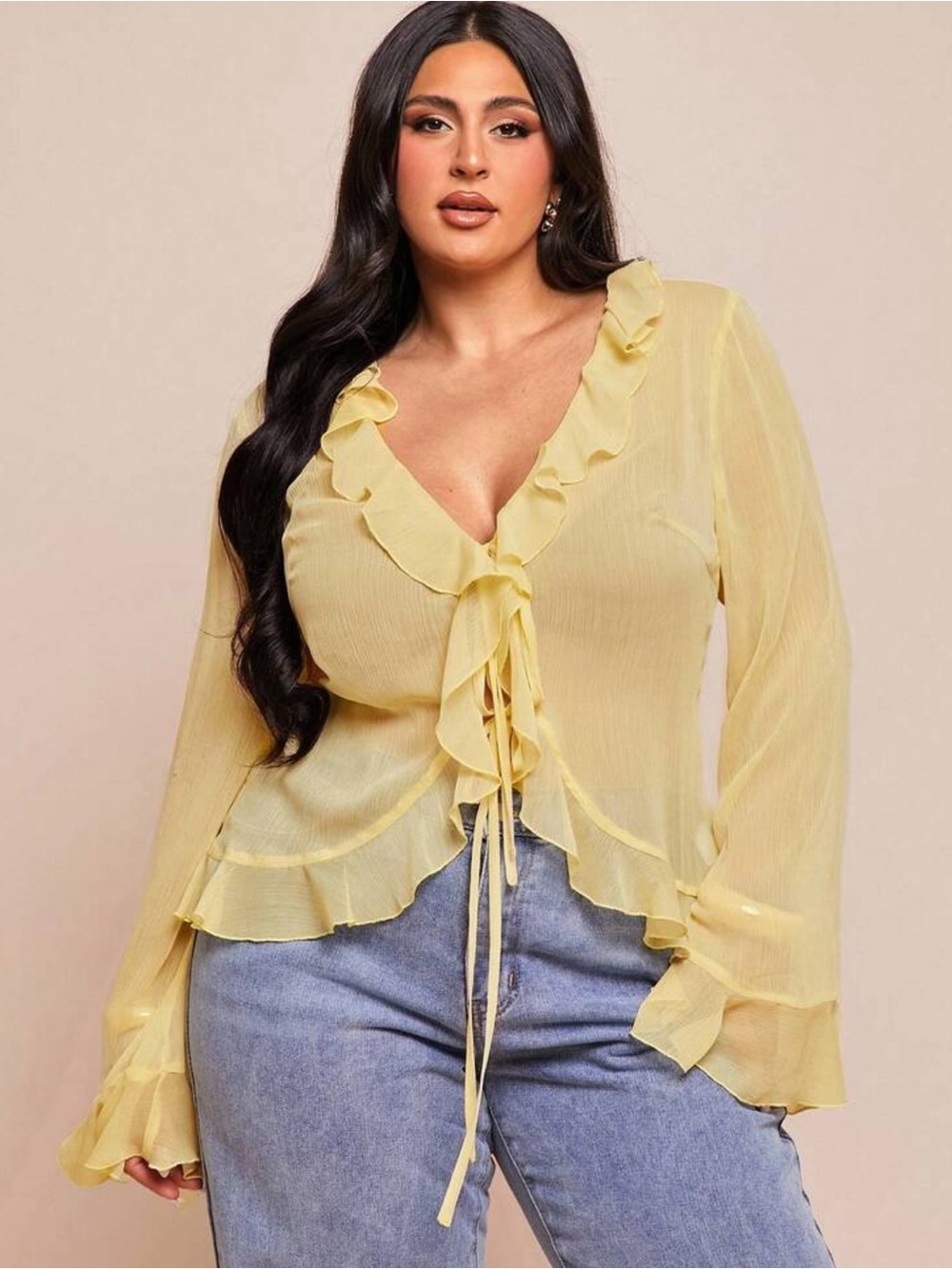 Plus Size Women's Elegant Chiffon Blouse With Ruffle Trim,